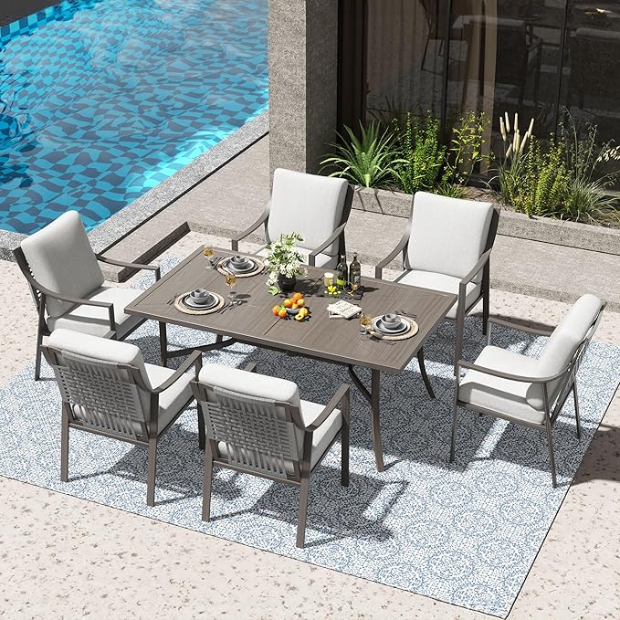 NATURAL EXPRESSIONS 7 Piece Patio Dining Table Outdoor Furniture Set for 6, 6Pcs Fixed Dining Chairs with Olefin Cushions, 65”Large Dining Table with Umbrella Hole