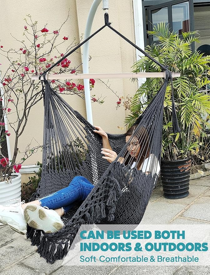 Chihee Hammock Chair Super Large Soft-Spun Cotton Rope Weaving Hanging Chair, Collapsible Strong Metal Spreader Bar Wide Seat Lace Stretch Swing Chairs Indoor Outdoor Garden Yard Theme Decoration