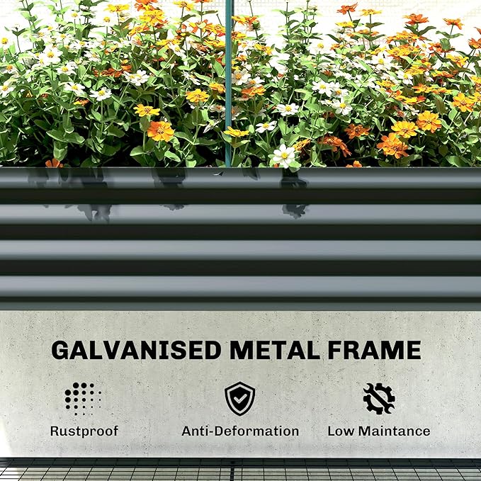Outsunny Galvanised Raised Garden Bed with Greenhouse Cover, Metal Elevated Garden Bed with Legs, Bed Liner and Bottom Shelf, Outdoor Raised Planter Box for Vegetables, Herbs, Flowers, Dark Gray