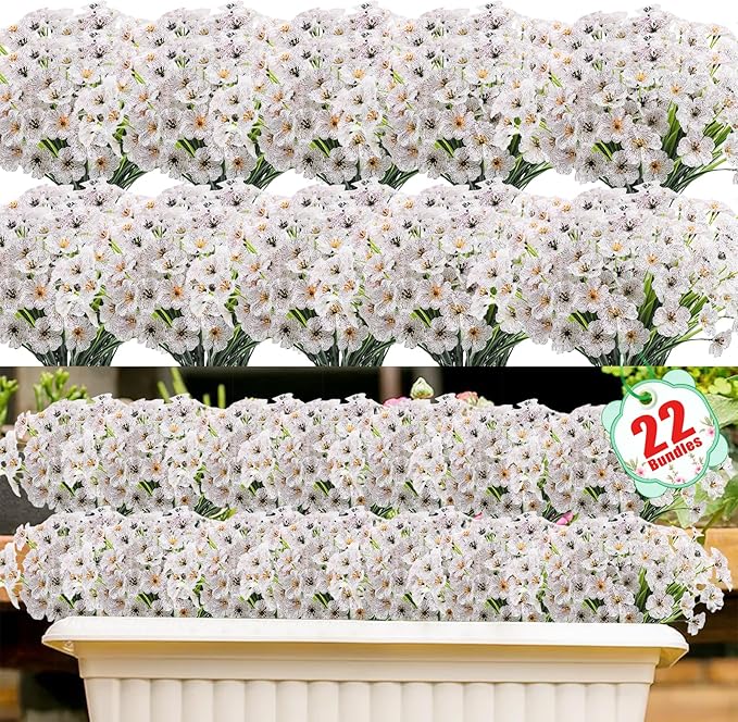 22 Pack Artificial Flowers Outdoor Fake Plants, Faux Flowers UV Resistant with Plastic Plants, Faux Silk Flowers for Outdoors Outside Front Porch Hanging Planter Window Box Garden Decoration(White)
