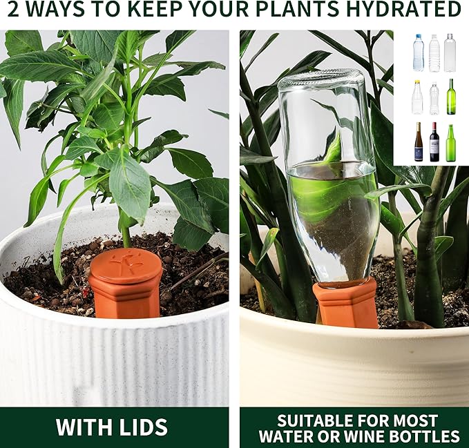 Large Terracotta Watering Spikes with Lids, Automatic Plant Waterer Outdoor | Indoor, Vacation Friendly Clay Plant Watering Devices System, Slow Release Self Watering Planter Insert, 4 Pack