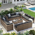 Aoxun Patio Furniture Sets, 14-Piece Outdoor Patio Furniture with 44'' Propane Gas Firepit Table, Wicker Outdoor Conversation Set Sectional Sofa for Backyard, Poolside, Garden
