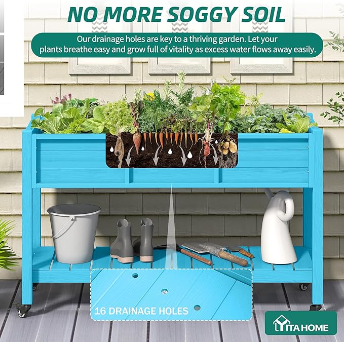 YITAHOME Raised Garden Bed HDPE, 47x18x31In Raised Flower Bed Poly-Wood Weather-Resistant Elevated Planter Box with Lockable Wheels & Storage Shelf for Vegetable Flower, Aruba Blue