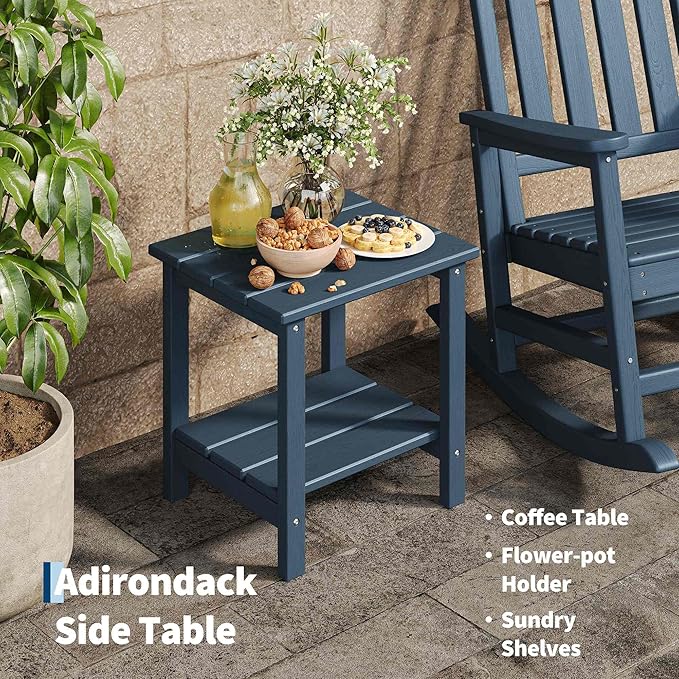 GarveeLife Poly Lumber Rocking Chair Outdoor Set of 2 with Side Table - HDPE High Back Porch Rocker Chairs for Adults - All Weather Resistant Furniture for Patio - Navy Blue