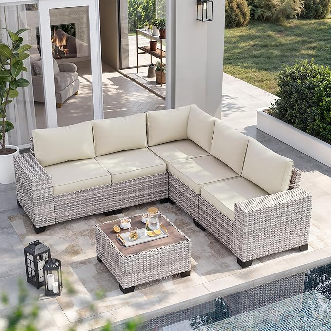 6-Piece Outdoor Patio Furniture Set Wicker Sectional Sofa Set, Patio Conversation Set with Thickened Cushions & Coffee Table for Garden, Backyard, Poolside, White