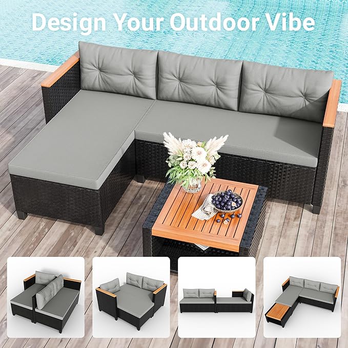 Wisteria Lane Small Patio Furniture Set, All-Weather PE Rattan Outdoor Sectional Sofa with Storage Table, L Shape Outdoor Couch with Cushions, 3 Piece Wicker Patio Furniture for Balcony, Grey