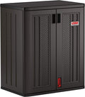 Suncast Heavy-Duty Resin Outdoor Storage Cabinet, 30" W x 20.25" D x 36" H Dark Grey Base Garage Storage Cabinet with Lockable Doors and Metal Reinforced Shelves, Made in The USA