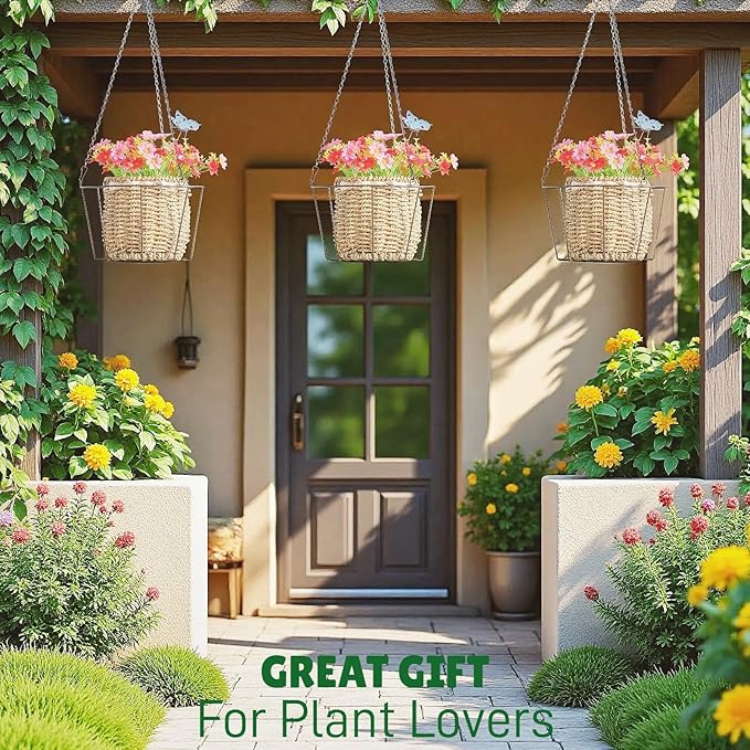 Metal & Macrame Plant Hanger Indoor/Outdoor Use – Heavy Duty Hanging Planter Holder with Basket for Ceiling, Window, Patio – Decorative Hanging Pot Tray for Plants(12 Inch, 2-Pack)