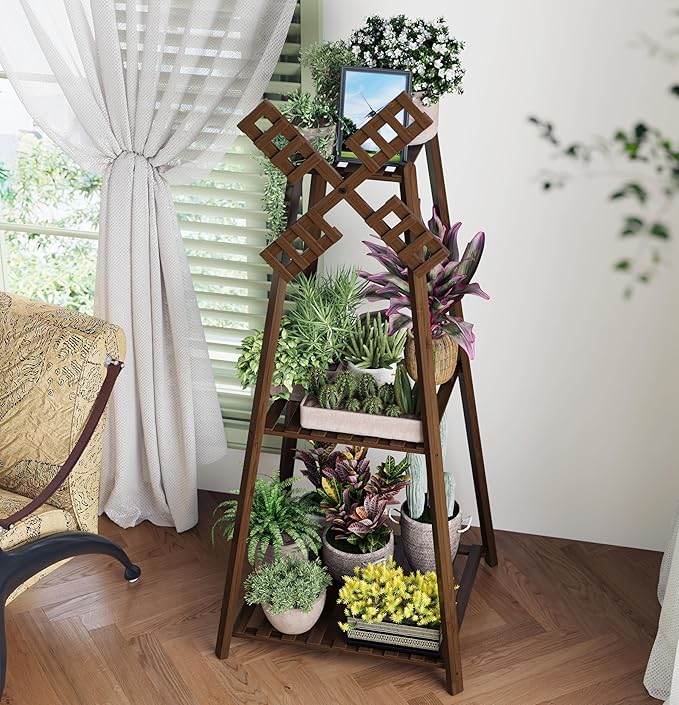COPREE 3-Tier Tower Plant Stand Display Rack with Windmill Top,Bamboo Vintage Flower Pot Holder Shelf for Patio Balcony Decoration