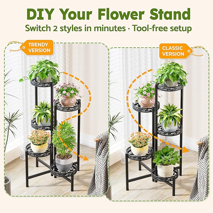 Plant Stand Indoor Outdoor, 5 Tier Corner Metal Flower Display Holder Shelf, Folding Tall Rack for Patio Balcony Porch Garden Living Room House, Heavy Duty Wrought Iron Plant Shelf- BlackWave