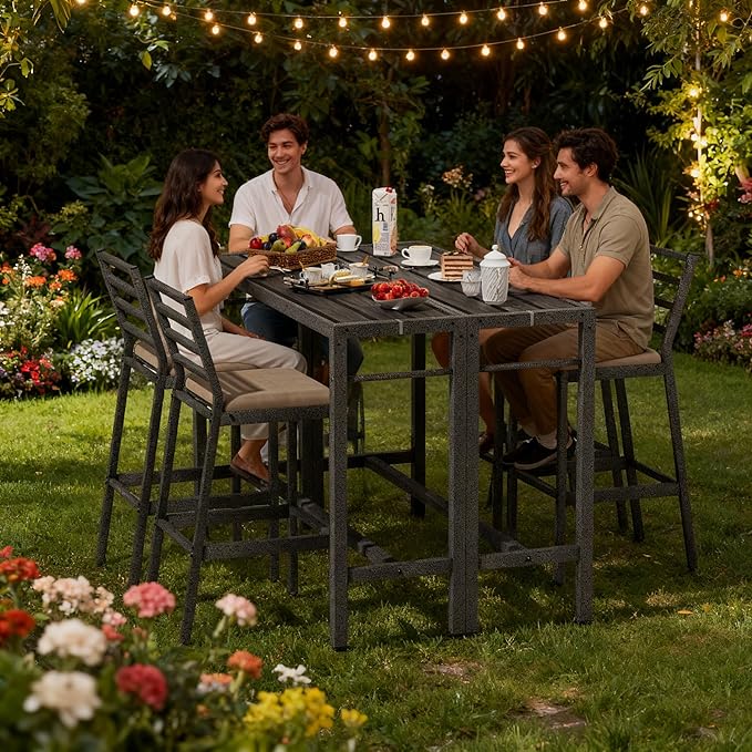3Pcs Outdoor Patio Bar Set, 55" Rectangular High Top Table and Chairs Set with 2 Cushioned Bar Stools & Cover,Metal Pub Height Bistro Table Set for Balcony, Backyard, Porch, Deck,Garden, Pool