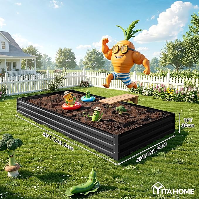 YITAHOME 8x4x1ft 2pcs Large Raised Garden Bed Kit, Galvanized Metal Planter Box with Gloves, Ground Nails & Safety Rubber, Outdoor Above Ground Planters for Plants Vegetables Flowers, Black