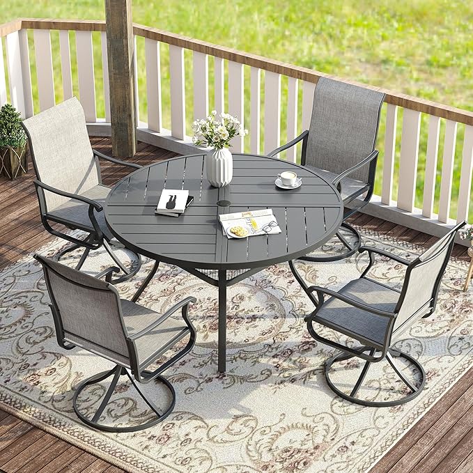 VICLLAX Round Patio Table with Adjustable Umbrella Hole for 4, All Weather Metal Outdoor Dining Table for Lawn Garden, 40.6" Outdoor Coffee Table, Grey Tabletop