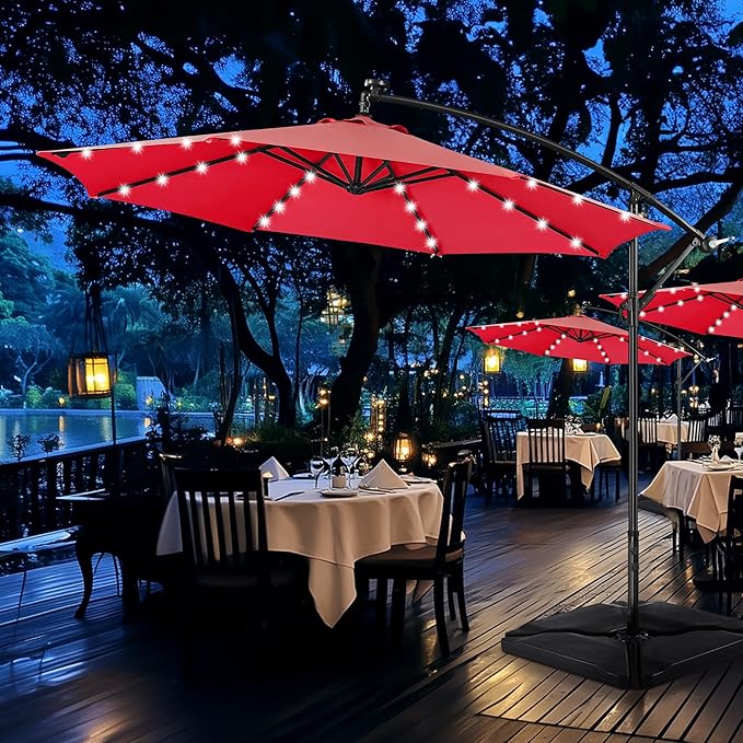 Yaheetech 10FT Solar Offset Umbrella with 32 LED Lights Cantilever Hanging Outdoor Umbrellas Handy Crank & Cross Base for Lawn/Deck/Backyard/Pool Red