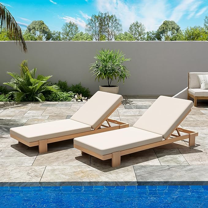 Christopher Knight Home Duska Acacia Wood Chaise Lounge Chair Set of 2, Patio Outdoor Chaise Lounge with Cushions, Adjustable Backrest Single Lounge Sofa, Garden Poolside Backyard Seating, Teak+Beige