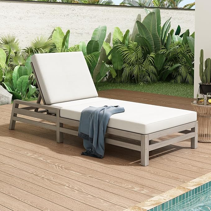 LUMISOL Patio Chaise Lounge Chair, 5-Position Adjustable Outdoor Chaise Lounge, Solid Wood Patio Recliner Chair with Thick Cushions, Weather-Resistant for Pool, Balcony, Garden, Grey
