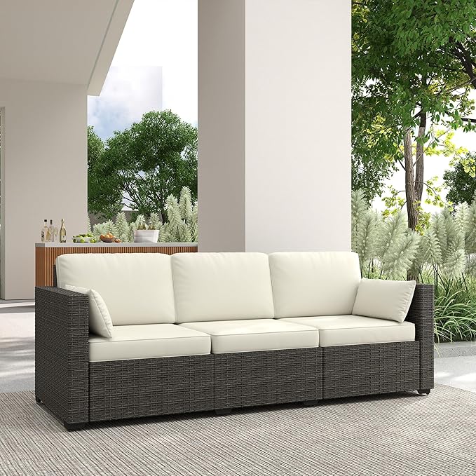 Outsunny Patio Couch PE Wicker Deep Seating Outdoor Sofa with Removable Cushions, 3 Seater Rattan Sofa, Outdoor Furniture for Balcony, Deck, Garden and Poolside, Cream White