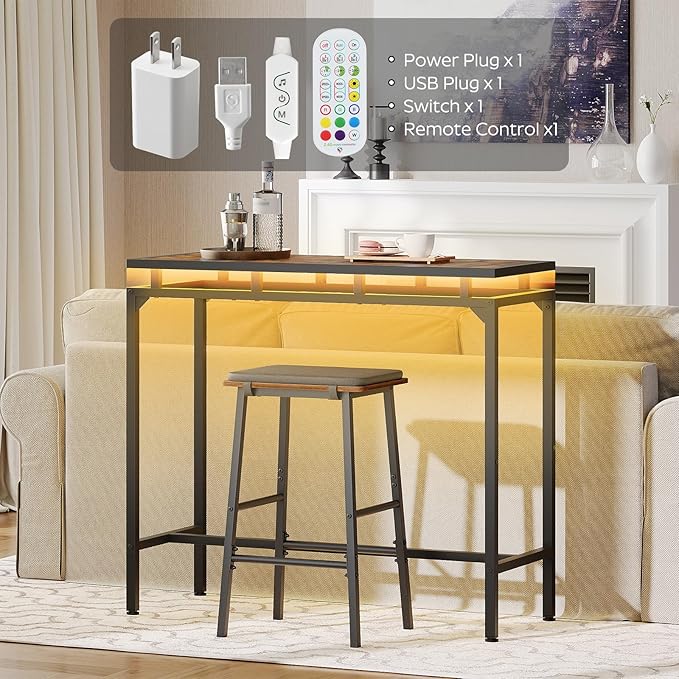 Bar Table with LED Lights, Counter Height Bar Height Table, Pub Gaming Table, Metal Frame, for Living Room, Dining Room, Pub, Rustic Brown and Black BT01DBR