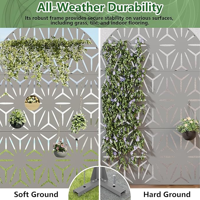 Casaphoria Metal Privacy Screen Outdoor, 72" H x 47" W Arched Freestanding Decorative Privacy Screen for Patio Deck Balcony Garden with Stable Base,Grey-Star