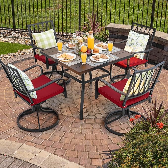 NUU GARDEN 5 Piece Outdoor Dining Set, Outdoor Furniture Set for Square Iron Umbrella Dining Table and 4 Cushioned Swivel Chairs, Black and Red Cushion