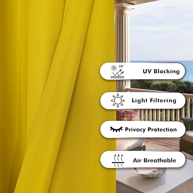 BONZER Outdoor Waterproof Curtains for Patio Privacy Grommet Light Filtering Outside Curtains for Gazebo, Porch, Pergola, Pavilion, 1 Panel, 54W x 108L inch, Yellow