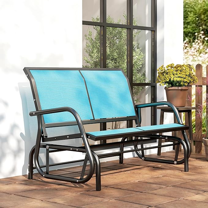 Outsunny 2-Person Outdoor Glider Bench, Patio Double Swing Rocking Chair Loveseat w/Powder Coated Steel Frame for Backyard Garden Porch, Blue