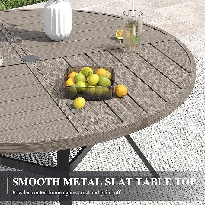 VICLLAX Patio Dining Set for 6, 7 Pieces Outdoor Furniture Set- 47" Round Patio Table and 6 Patio Chairs, Grey Wood Grain Tabletop and Grey Fabric