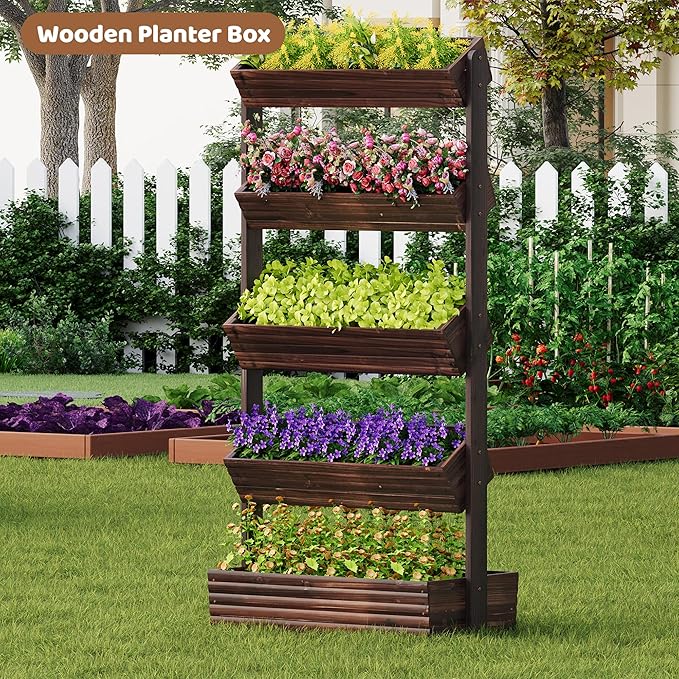 FILWH Wooden Raised Garden Bed Vertical Planter Box, Freestanding Plant Stand for Indoor Outdoor Plants, Herbs, Flowers, Vegetables, Gardening (Carbonized, 5-Tier，29.9 x 17.9 x 68in)
