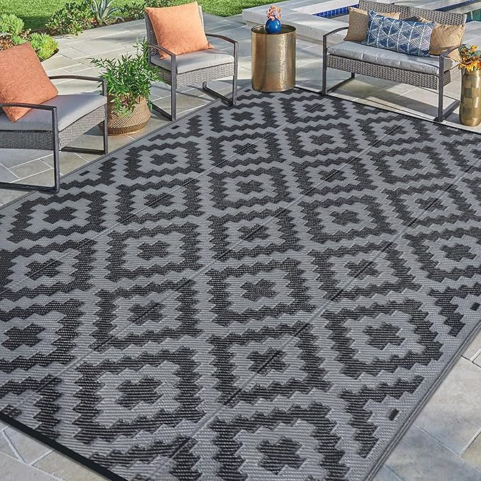 SAND MINE Waterproof Outdoor Rug 9x12 ft, Plastic Reversible Rug, Modern Area Rug, Large Floor Mat for Outdoors, RV, Patio, Backyard, Deck, Picnic, Beach, Camping, Black Grey Lattice