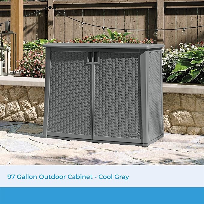 Suncast Resin Outdoor Storage Cabinet, Cool Gray Wicker Resin Outdoor Cabinet, Weatherproof, Lockable Outside Storage for Patio, Deck, Balcony, Porch, Backyard, or Garden, Made in the USA