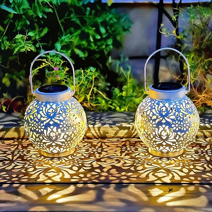 2 Pack Outdoor Solar Hanging Lantern Lights Metal LED Decorative Lamp for Garden Patio Courtyard Lawn and Table with Hollowed-Out Design (White)