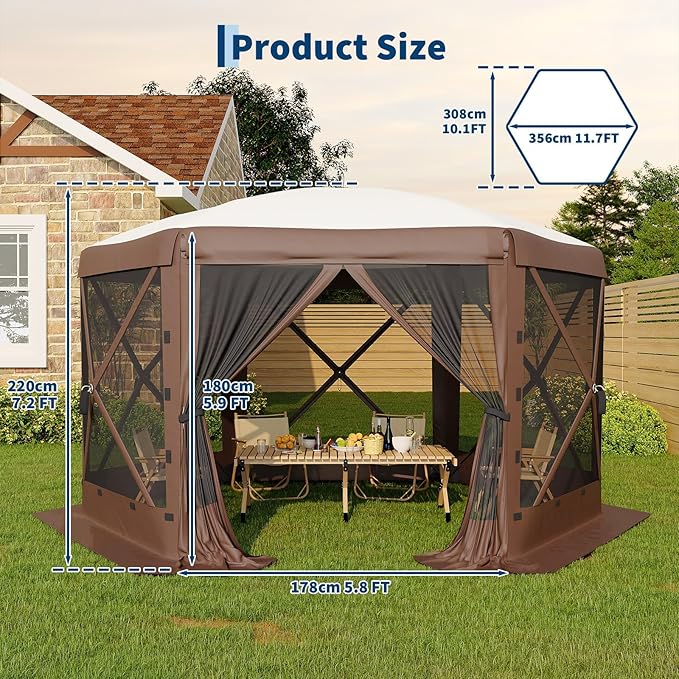 11.5x11.5FT 6-Sided Pop Up Gazebo Tent，One-Push Setup Canopy Tent with Mesh Panels & Removable Wind Cloths, Outdoor shelter for Camping, Backyard Parties, Outdoor Events - Beige & Khaki
