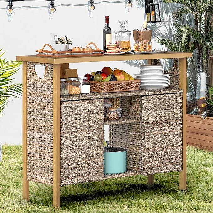 DWVO XL Patio Storage Cabinet, Wicker Outdoor Bar Table with Wood Top,Adjustable Shelves, Patio Sideboard for Outdoor Buffet,Yard, Garden, Kitchen (Brown)