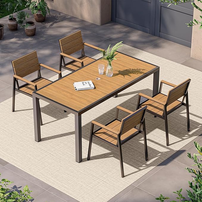 5-Piece Outdoor Dining Set, Aluminum Dining Table Set for 4, Patio Table and Chairs Set with Umbrella Hole, All Weather HDPS Outdoor Table and Chairs for 4 (Gray-Teak)