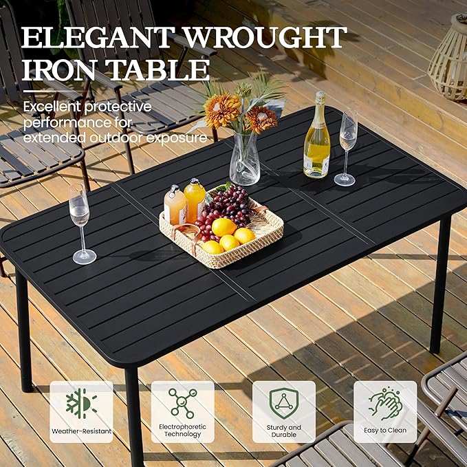 Yaheetech Outdoor Dining Table for 6 Person, Rectangular Slatted Metal Patio Table for Deck Garden Lawn Backyard Use, Black