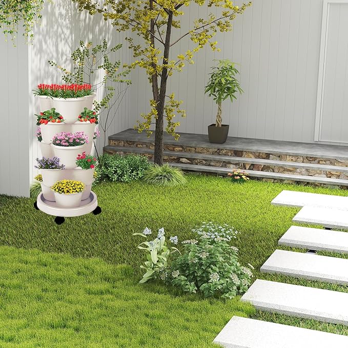 5-Tier Vertical Garden Tower Stackable Planter for Strawberries, Flowers, Vegetables & Herbs Beige