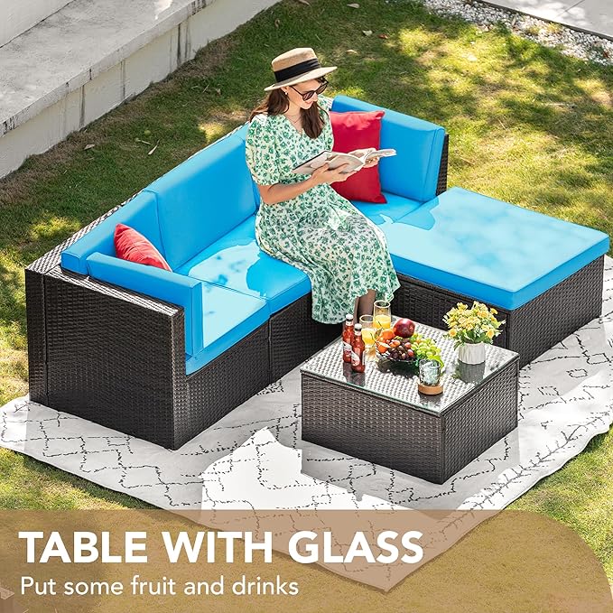 Devoko 5 Pieces Patio Furniture Sets All Weather Outdoor Sectional Patio Sofa Manual Weaving Wicker Rattan Patio Seating Sofas with Cushion and Glass Table (Blue)