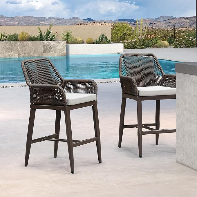 PURPLE LEAF Outdoor 24" Counter Height Bar Stools Chair Set of 2, All Weather Rattan and Aluminum Patio Bar Stool with Cushion for Indoor and Outdoor, Kitchen Island, Coffee