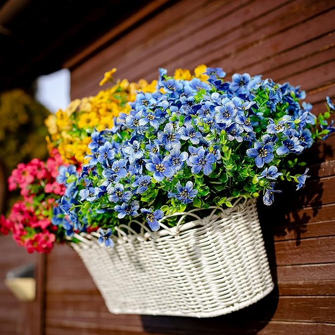 Artificial Flowers for Outdoors Fake Plants - 16 Bundles Faux Outside Greenery Boxwood No Fade Plastic Shrubs Fall Decor Farmhouse Home Garden (Blue)