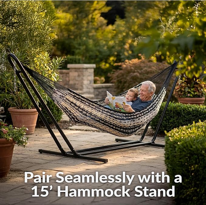 Sunnydaze Handwoven XXL Thick Cord Mayan Double Hammock for Outside - 625-Pound Capacity Heavy-Duty Outdoor Hammock - Black/Natural