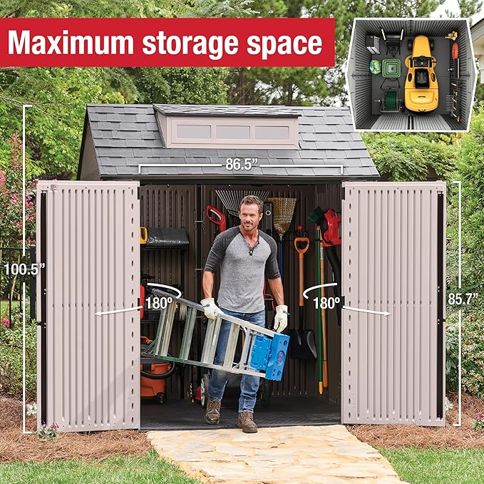 Rubbermaid Large Resin Outdoor Storage Shed With Floor (7 x 7 Ft.), Weather Resistant, Brown, Organization for Home/Lawn Mower/Backyard Equipment/Bike Storage/Pool Supplies