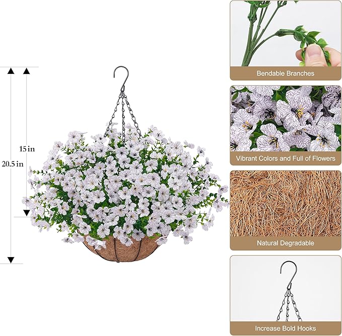 Artificial Faux Hanging Plants Flowers Basket for Outdoors Decoration,Hanging Planters with Fake Silk Daisy Flowers for Outside,UV Resistant Realistic Porch Patio Balcony Garden Yard Home Decor（White）