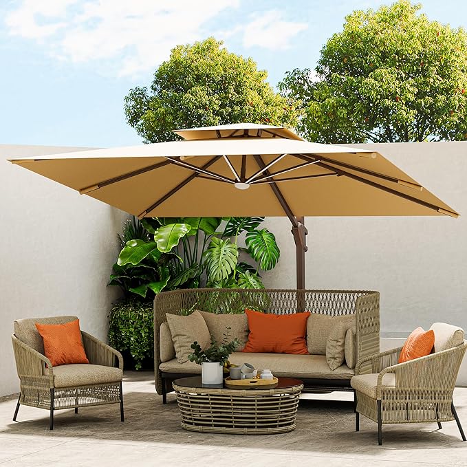 10 X 13 FT Cantilever Outdoor Patio Umbrella with Led Lights Large Heavy Duty 360° Rotation Double Top Offset Rectangular Umbrellas for Backyard Garden Pool Outside Deck, Beige