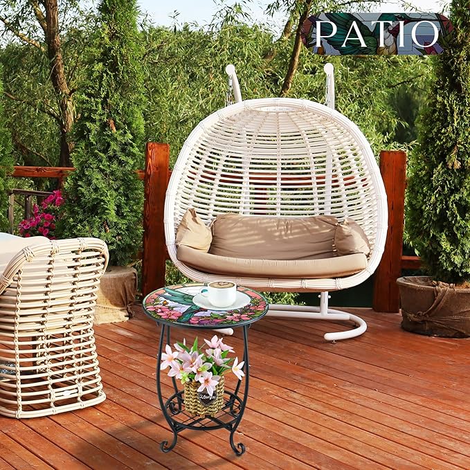 Outdoor Side Table Round Small Mosaic Patio Accent Indoor End Plant Coffee Tea Table for Yard Patio Porch Garden Living Room, Bedroom(Hummingbird Style,12 Inch)