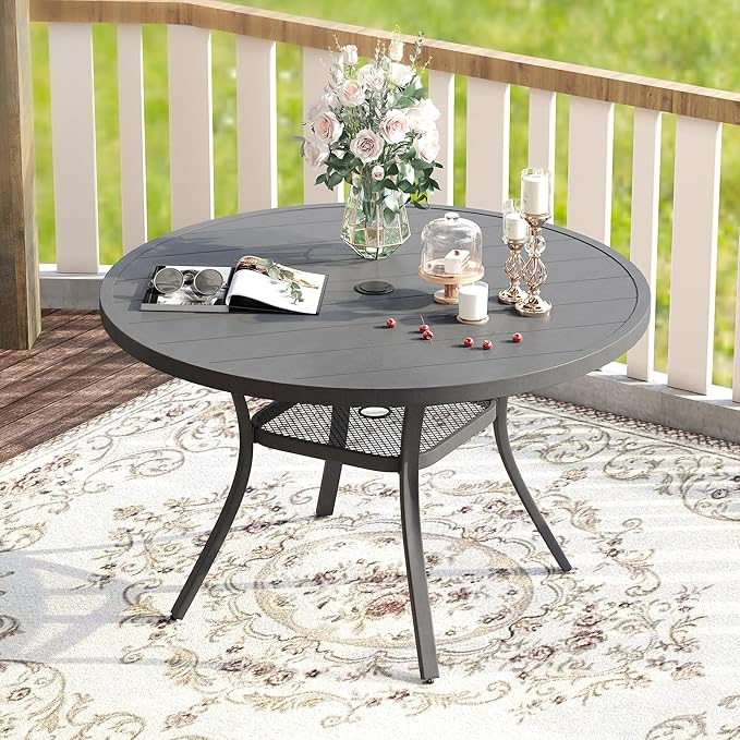 VICLLAX 41.2"x 28" Outdoor Round Patio Table for Lawn Garden, All Weather Metal Round Patio Dining Table with Adjustable Umbrella Hole, Patio Table for 4 Person, Grey Tabletop