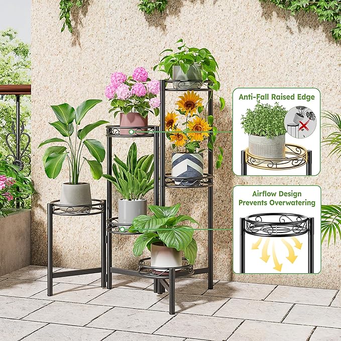 6 Tier Metal Plant Stand Indoor Outdoor, Corner Tall Plant Shelf for Multiple Plants, Foldable Heavy Duty Plant Holder, Decoration Flower Stand for Living Room Balcony Patio Garden- BlackWave