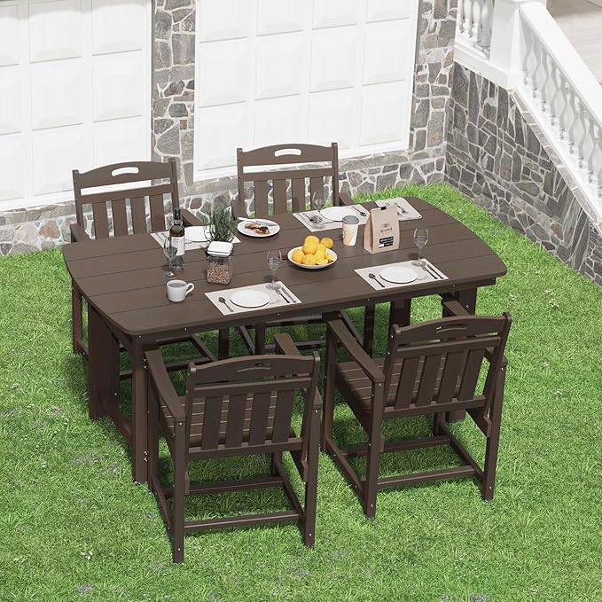 5-Piece Outdoor Dining Furniture Set with Chairs, All-Weather HDPE Patio Table and 4 Chairs, Umbrella Hole, for Garden Backyard or Deck - Brown