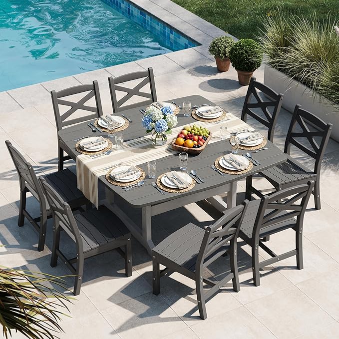 9-Piece Patio Dining Table Set, HDPE Outdoor Table and Chairs Set, All-Weather Outdoor Dining Set for 8 with Umbrella Hole, Durable Patio Furniture Set with Chairs,White Grey
