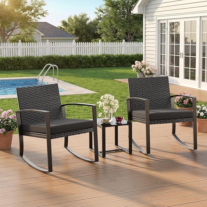 3 Pieces Patio Furniture Set Rocking Bistro Set, Outdoor Patio Furniture Set with Coffee Table for Garden Balcony Backyard Poolside (Black Cushion)