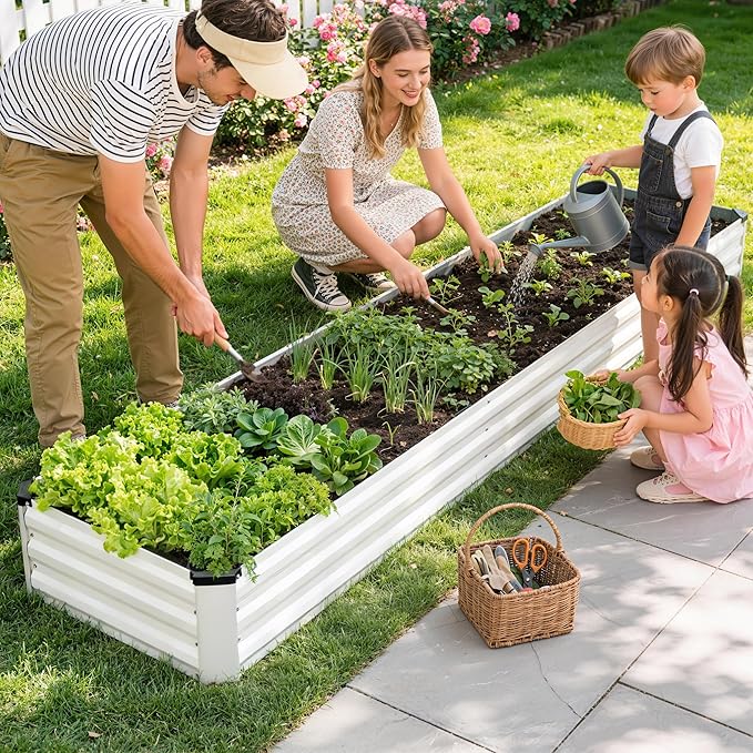 Galvanized Raised Garden Bed Outdoor | Metal Raised Garden Bed for Gardening 2Pack | Large Planter Box for Vegetables Flowers Fruits | Easy Assembly & Safety Design Flower Beds 12x2x1ft White
